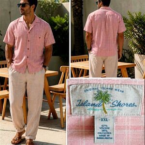 Island Shores 2XL Resortwear Salmon Stripe Coastal Hawaiian Vacation Button Up